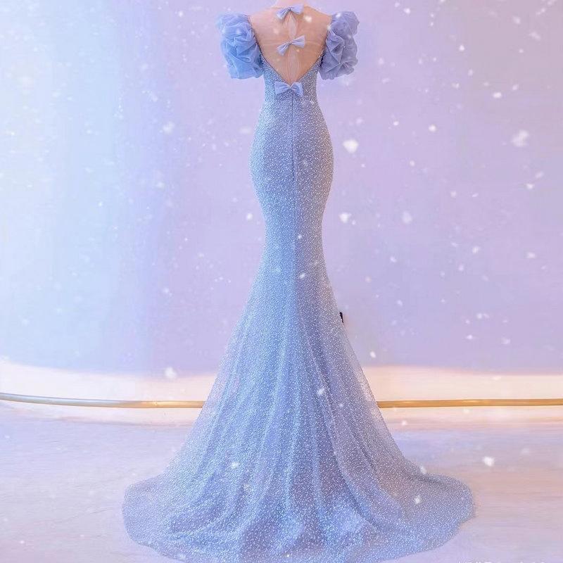 Blue small trailing evening dress, annual meeting host sequined waist fishtail skirt, light luxury niche bride toast dress women