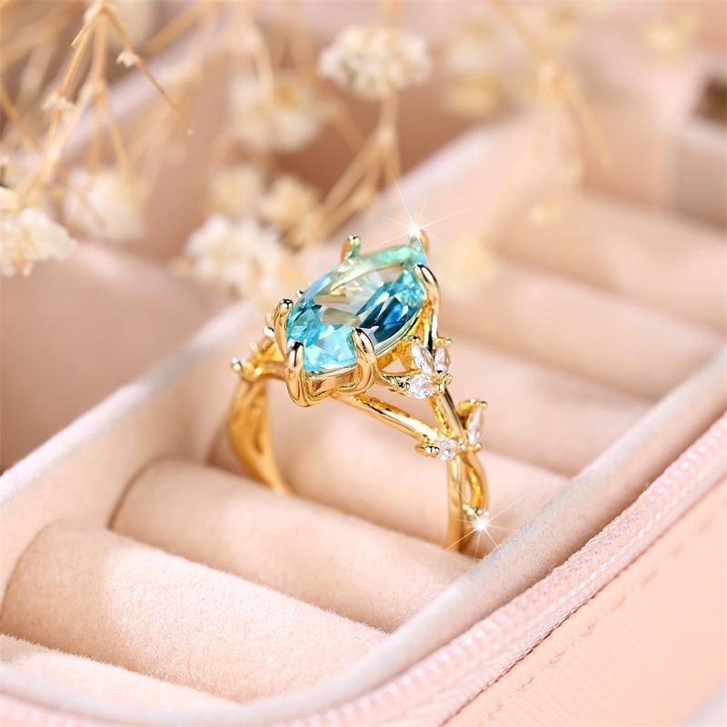 Cute Female Light Blue Zircon Stone Ring Trendy Yellow Gold Silver Color Engagement Rings For Women Bride Wedding Gift