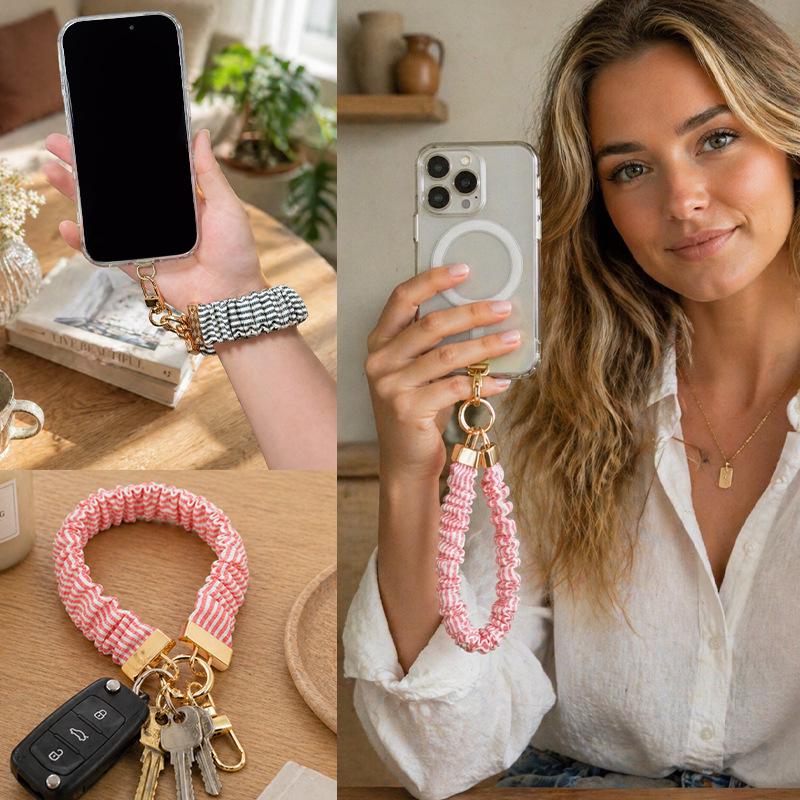 Women's Summer Pleated Phone Lanyard & Wrist Strap - Elegant Charm & Chain