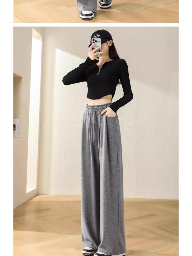 High-Waisted Glutinous Rice Knit Wide-Leg Pants - Women's Trendy Autumn Casual Loose-Fit (145cm)