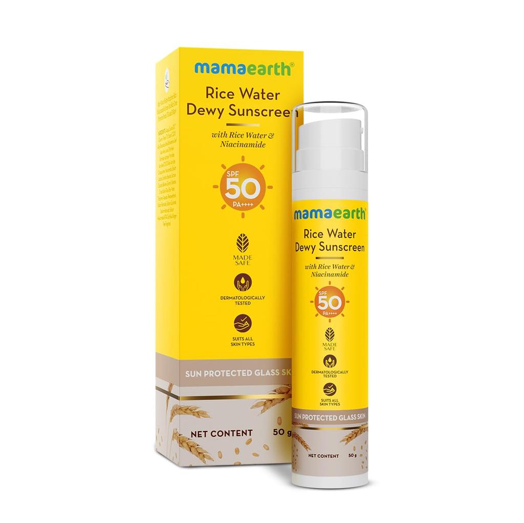 Mamaearth Rice Water Dewy Sunscreen SPF 50 PA++++ For Glass Skin Glow & Tan Protection | No White Cast | 50g | For All Skin Types