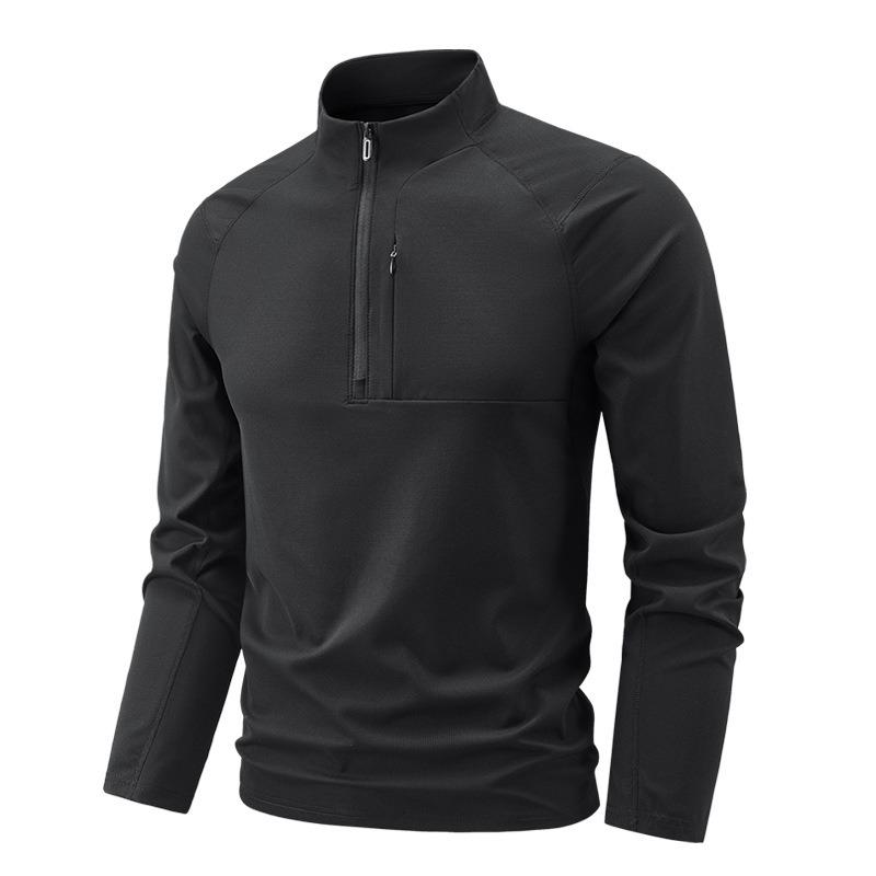 Polo da uomo a maniche lunghe con mezza zip, ad asciugatura rapida, in seta ghiacciata, per fitness e corsa