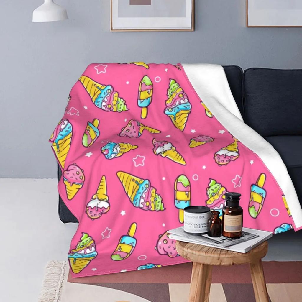 Ice Cream Cartoon Pattern Fleece Flannel Blanket for Bed Couch Blanket Super Soft Lightweight All Season Warm Teenage Girls Gift
