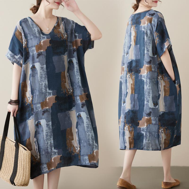2026 new retro ethnic style summer new literary large size fat MM fattened large printed short-sleeved dress