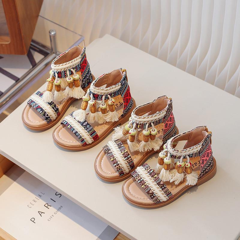Sandalias Étnicas Retro para Niñas Sandalias Gladiador Infantiles Zapatos de Princesa con Borlas de Moda para Niños Transpirables Antideslizantes