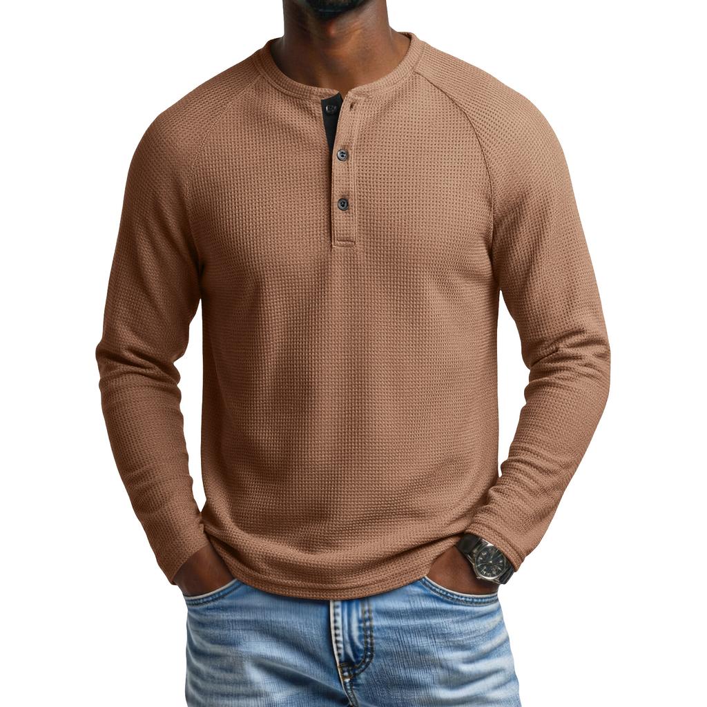 Men's Round Neck Long Sleeve Raglan T-Shirt with Button Placket for Casual Athletic Everyday Wear