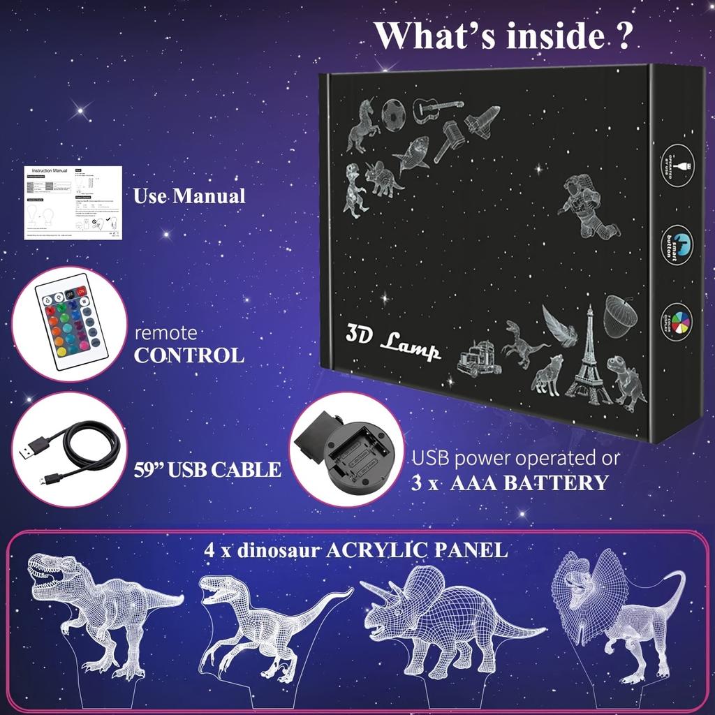 4pcs T-rex Dinosaur 3D Night Light (4 Patterns) With 1 Base, Remote Control & 16 Colors Changing & Dimmable & Gift Wrap