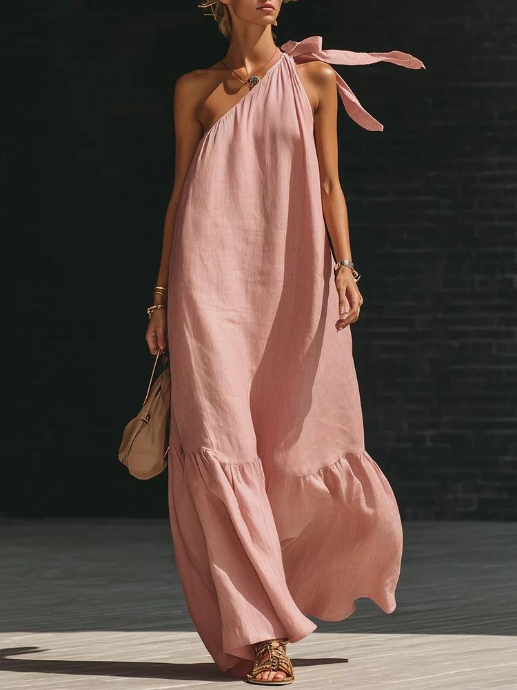 European and American style neck single shoulder long dress women s summer vacation style cotton and linen dress pink green beige elegant pendulum S розовый