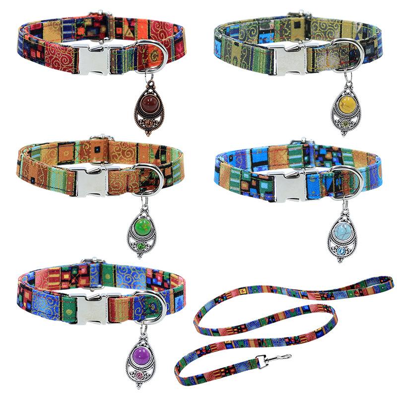 Pet Supplies Manufacturer Dog Printed Engraved Bohemian Vintage Cotton Eco-friendly Cat Necklace Collar Walking Accessories