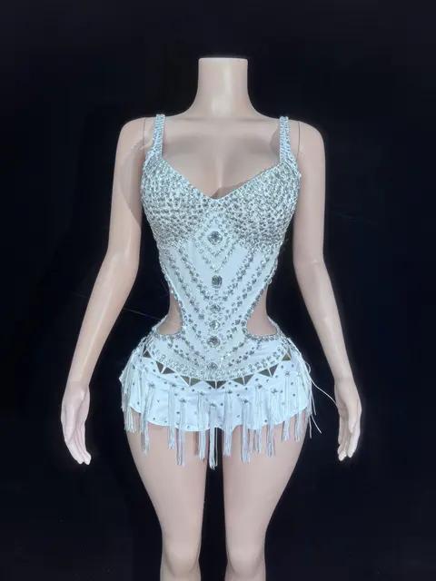 Women Sparkly Silver Rhinestones Sequins Tassels Bodysuit Sexy Evening Prom Celebrate Birthday Party Photoshoot Stage Costume S белый