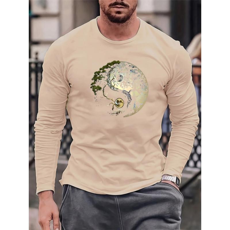 Men's Loose and Comfortable Casual Sports Yin-yang Tree Pattern Printed Round Neck Long Sleeved T-shirt Top
