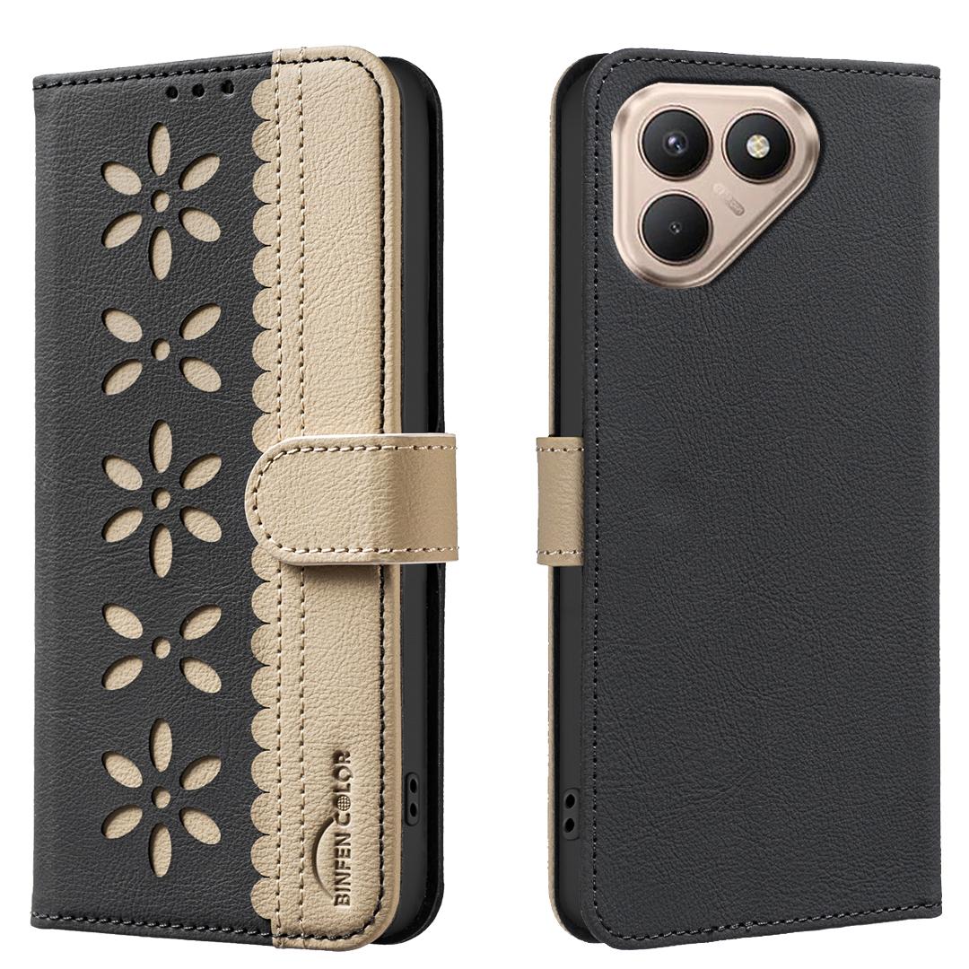 

For TECNO Pova 7 4G Leather Case BINFEN COLOR BF36 Floral Pattern Phone Cover RFID Blocking Wallet Stand Black