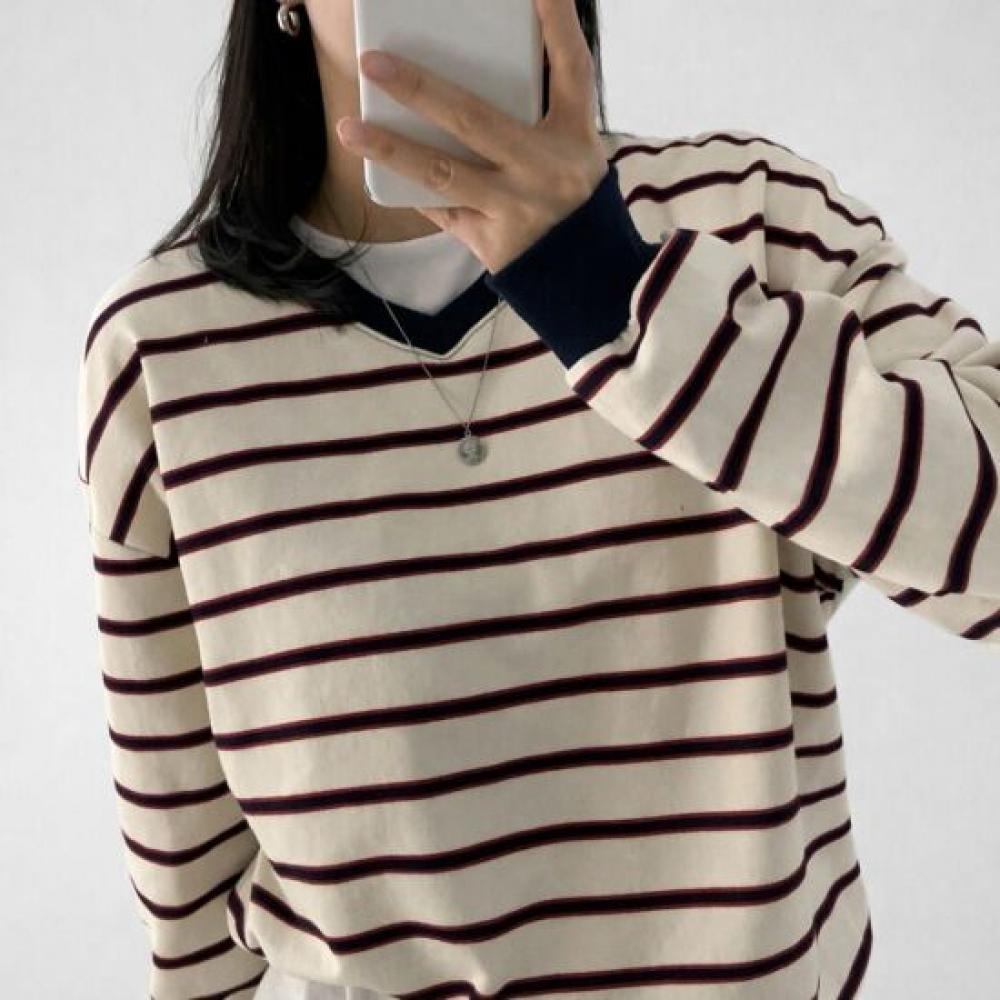 Mizqz Women Striped V Neck Color Block Loose Fit Sweatshirt
