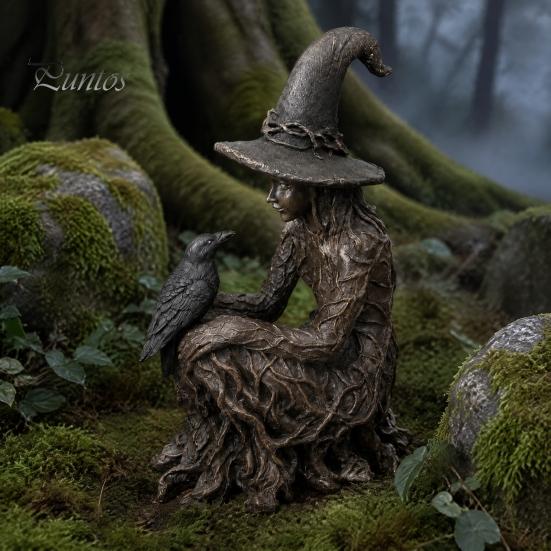 Decorative Witch Statue Halloween Tree Statue, Gothic Crow Resin Figurine, Retro Figurine Dark Fantasy Enchanting Ornament, Holiday Party Supplies