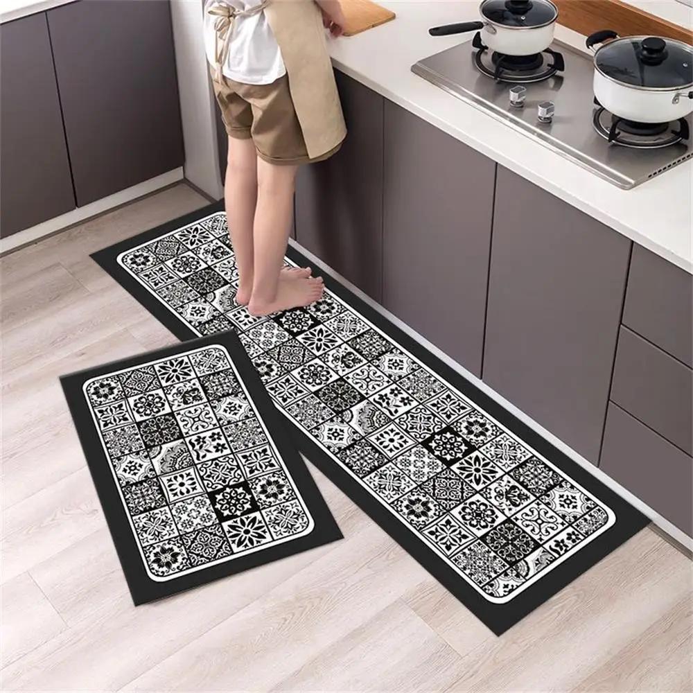 Black White Moroccan Pattern Kitchen Mat Non-Slip Machine Washable Rug Set for Home Decor Anti-Fatigue Floor Mats