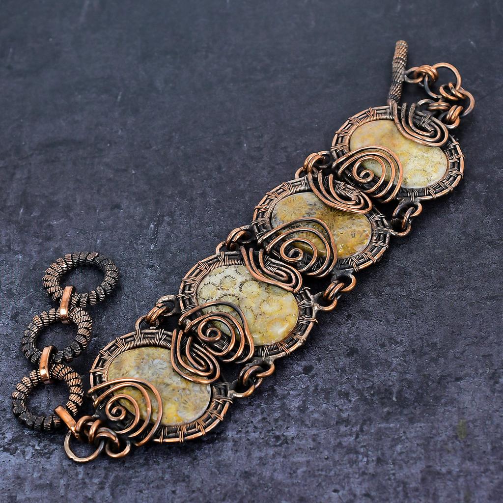 Natural Fossil Coral Gemstone Handmade Copper Wire Wrap Bracelet 7-8" K1u88