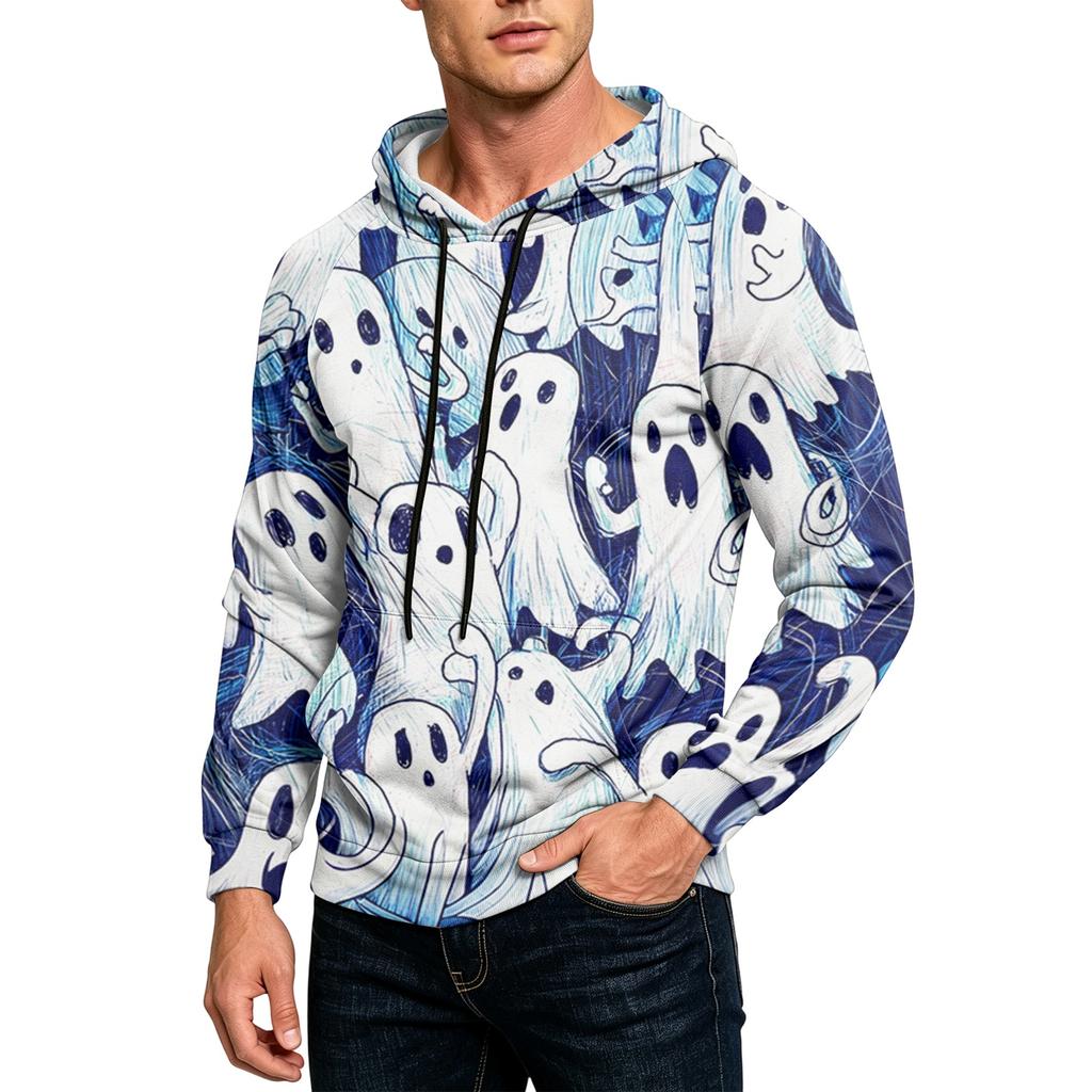 Men's Casual Loose Fit Printed Hoodie with Kangaroo Pocket and Drawstring for Everyday Wear