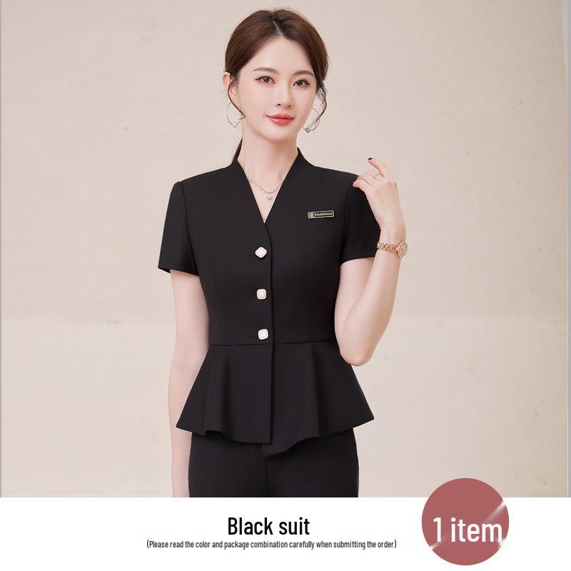 Set Profesional de Vară cu Mânecă Scurtă, Formal, din Două Piese, pentru Femei - Design Subțiere cu Volane