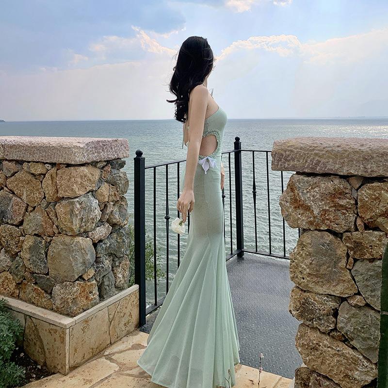 Niche Temperament Butterfly Neck Hollow Dress Backless Thin Fishtail Dress Long Dress Sea