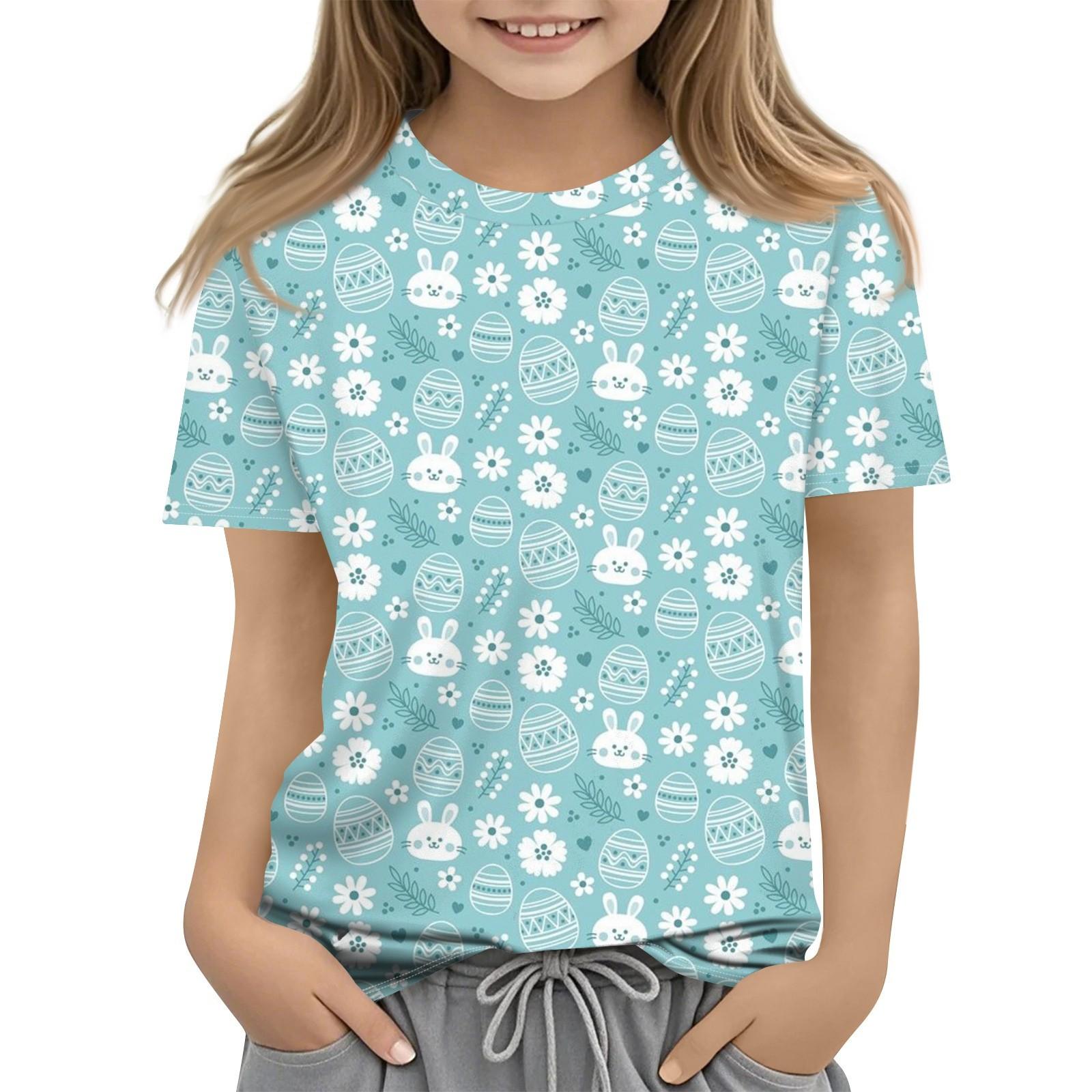 

Детская модная повседневная футболка с коротким рукавом и принтом в виде Пасхи и круглым вырезом 160 циан