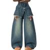 Girls' Wide-Leg Autumn Jeans - Trendy Floor-Length Trousers for Middle Schoolers