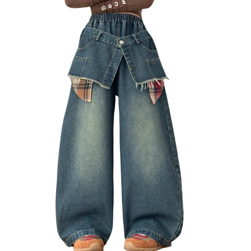 Girls' Wide-Leg Autumn Jeans - Trendy Floor-Length Trousers for Middle Schoolers
