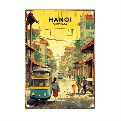 Placca in Latta Scena di Strada Classica di Hanoi Vietnam, es, Arte da Parete in Ferro Vintage, Pre-forata, Resistente alla Corrosione, Decorazione per Casa e Ufficio