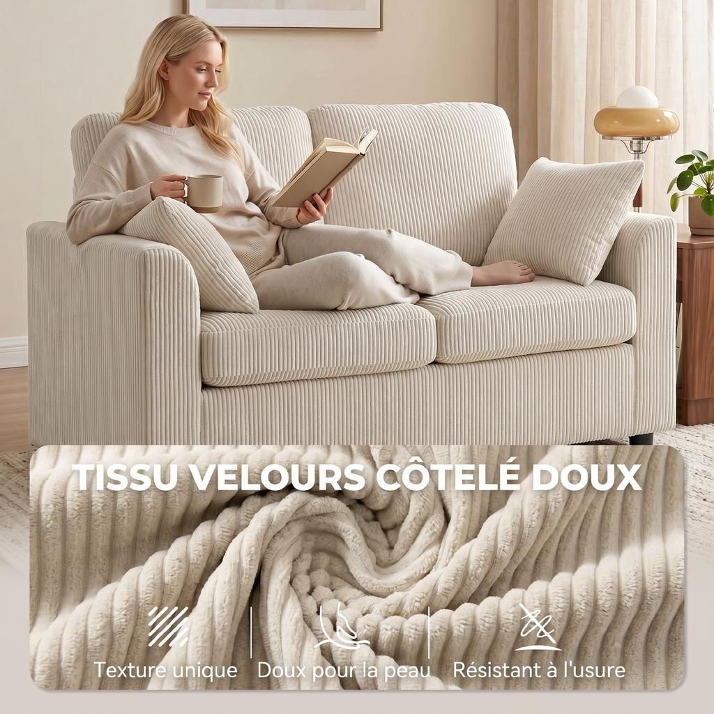 Corduroy Sofa, 2-Seater, 144 cm Wide, Wide Padded Seat, 2 Cushions, Beige