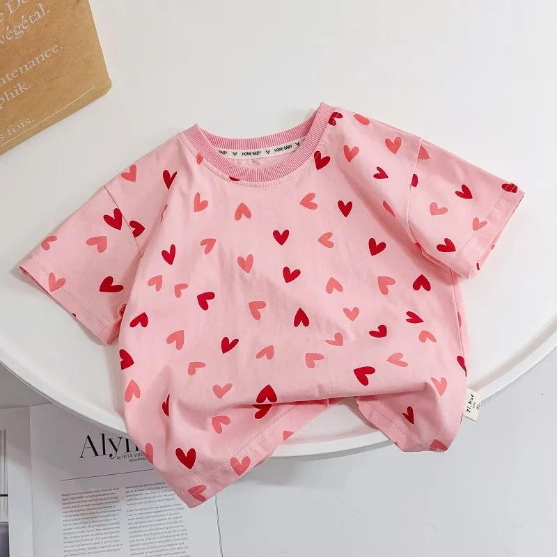 Cute Girls Summer Heart Print Short Sleeve T Shirt Baby Casual Versatile Top 120