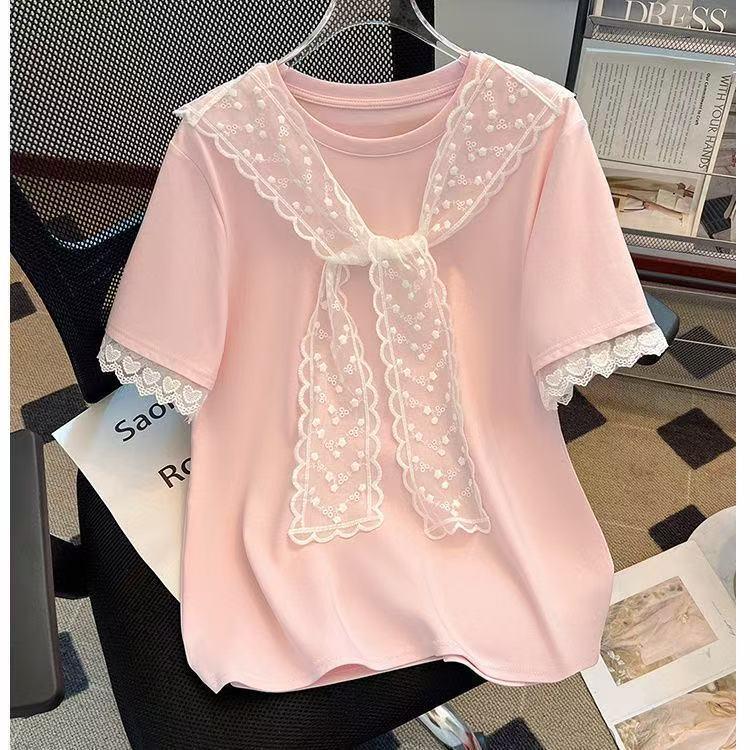 Women's Plus Size Doll Collar Lace-Up Short Sleeve T-shirt - 2025 Summer Slimming Fashion Top