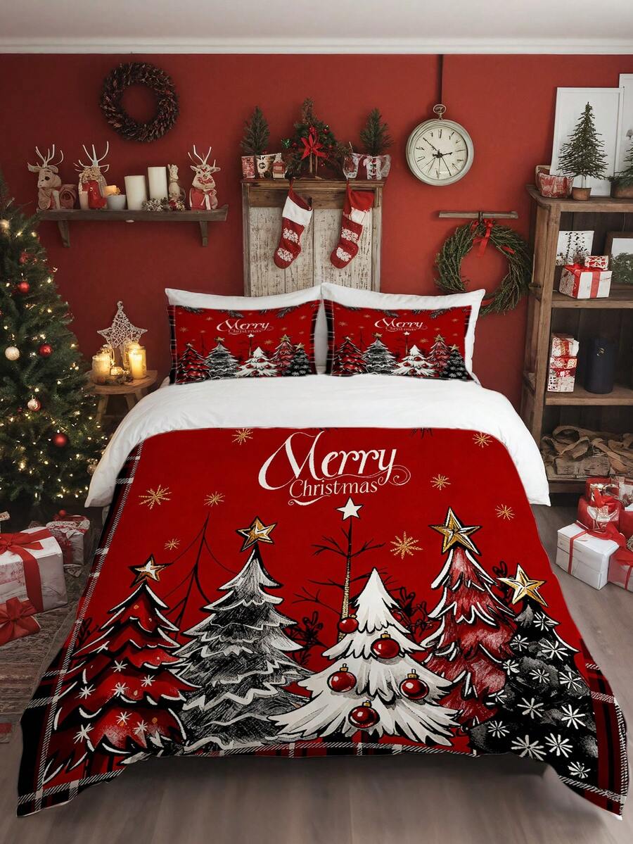

3pcs Grid Christmas Tree Print Duvet Cover Set (1*Duvet Cover + 2*Pillowcase, Without Core), Christmas Theme, Gold And Silver EU Twin(135x200cm)