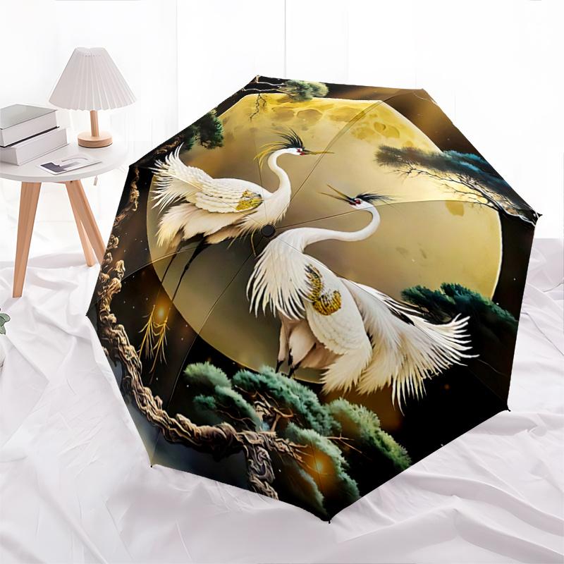 1pc Full Moon Crane Design Automatic Opening/Closing Umbrella with Foldable Design, Iron Frame, Outdoor Use, Festival Gift, Suitable for Fans, Tr