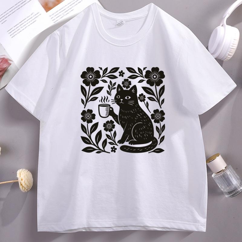 Boho Cat Coffee Lover T Shirt Unisex Clothing Funny Comfort Short Sleeve Printed Tshirt Vintage Round Neck Printed Tees