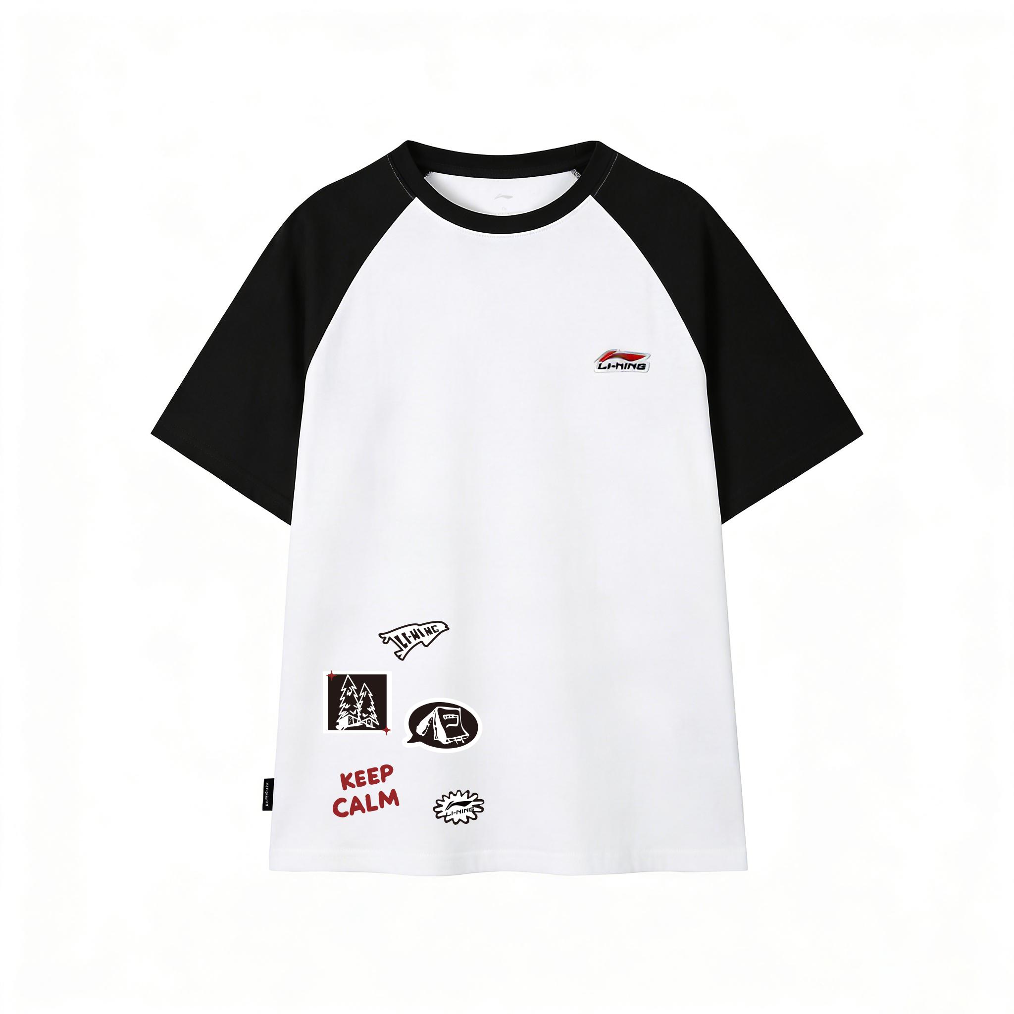 Li-Ning Versatile Color-Blocked Embroidered Printed Casual Cotton T-Shirt Short Sleeve Unisex tops YHSU169-1A2 XXS