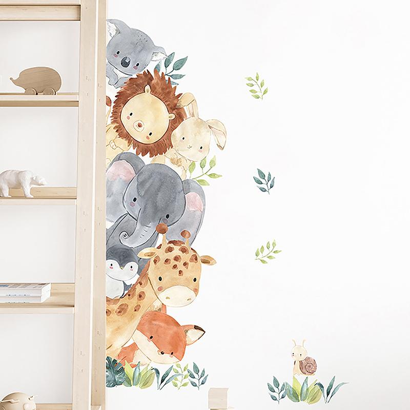 Door Stickers Cute Jungle Animals Elephant Giraffe Watercolor Wall Sticker