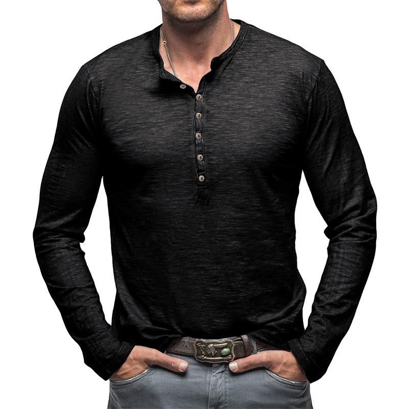 Nuove T-shirt Henley da Uomo di Alta Gamma in Cotone Autunnali Moda Colore Unico Manica Lunga Casual con Bottoni