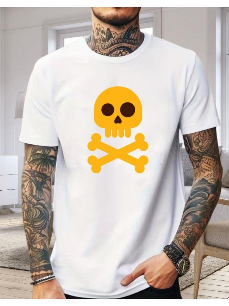 Unisexs Blue Cotton Tee Yellow Skull Crossbones Pirate Flat Graphic Crew Neck Short Sleeve Punk Male Oversized Casual Street Top