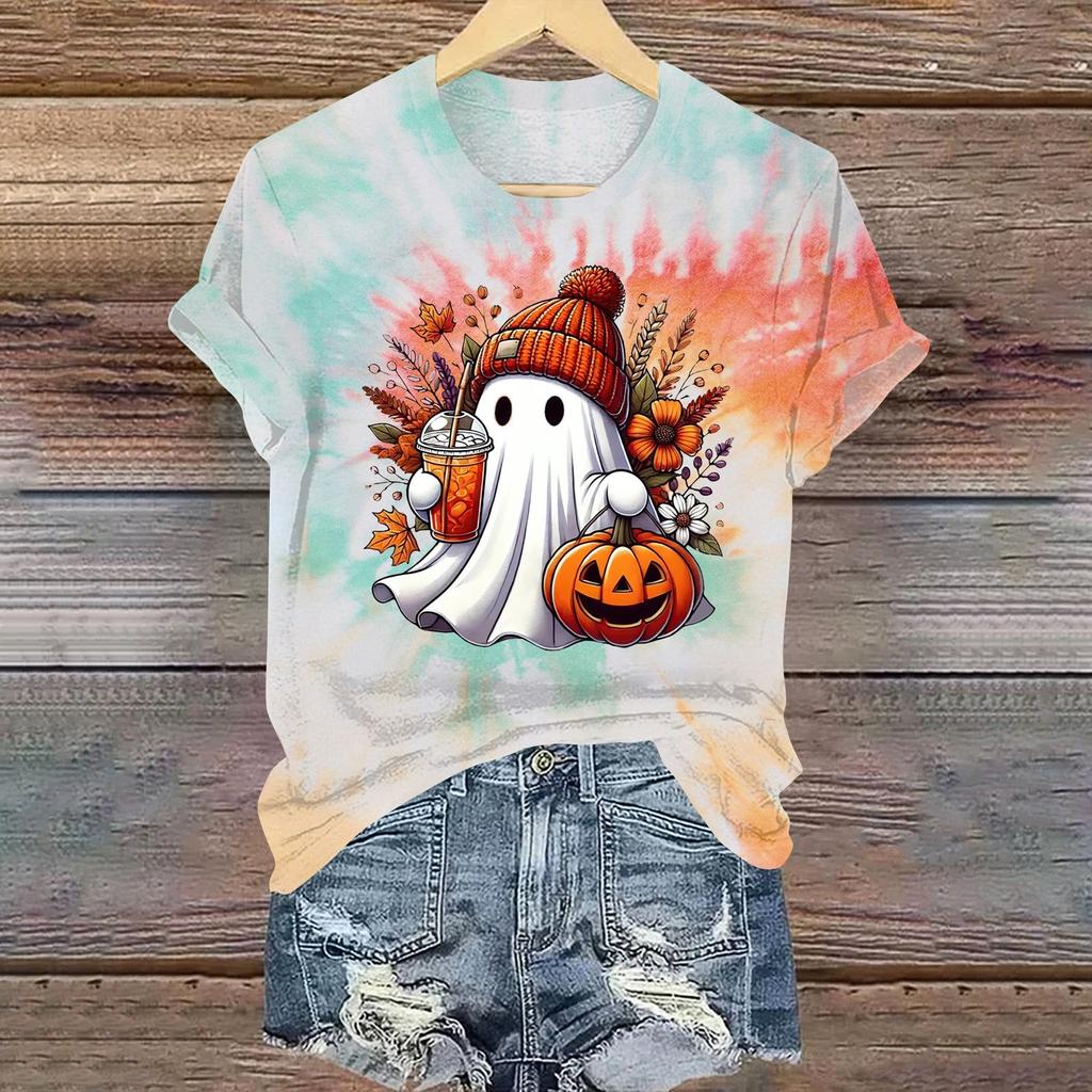 Ladies' Casual Halloween Printed Round Neck Short Sleeved T-Shirt