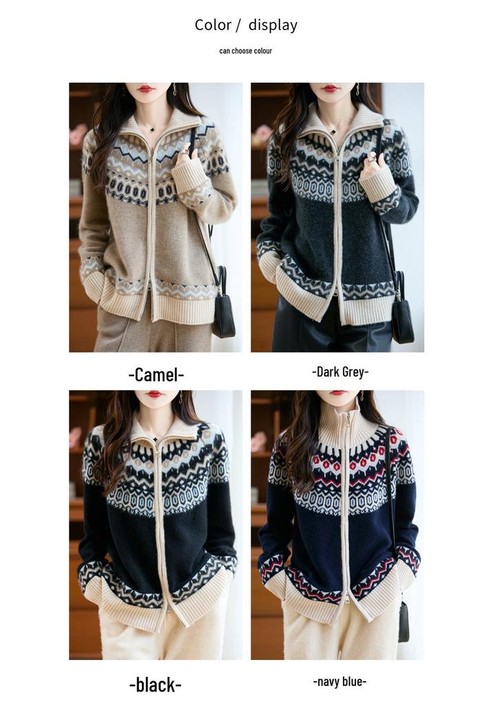 Cárdigan de Punto Jacquard Retro de Cuello Chal Engrosado de Siete Agujas - Abrigo Suelto de Lana Pura con Cremallera Doble Estilo Fair Isle