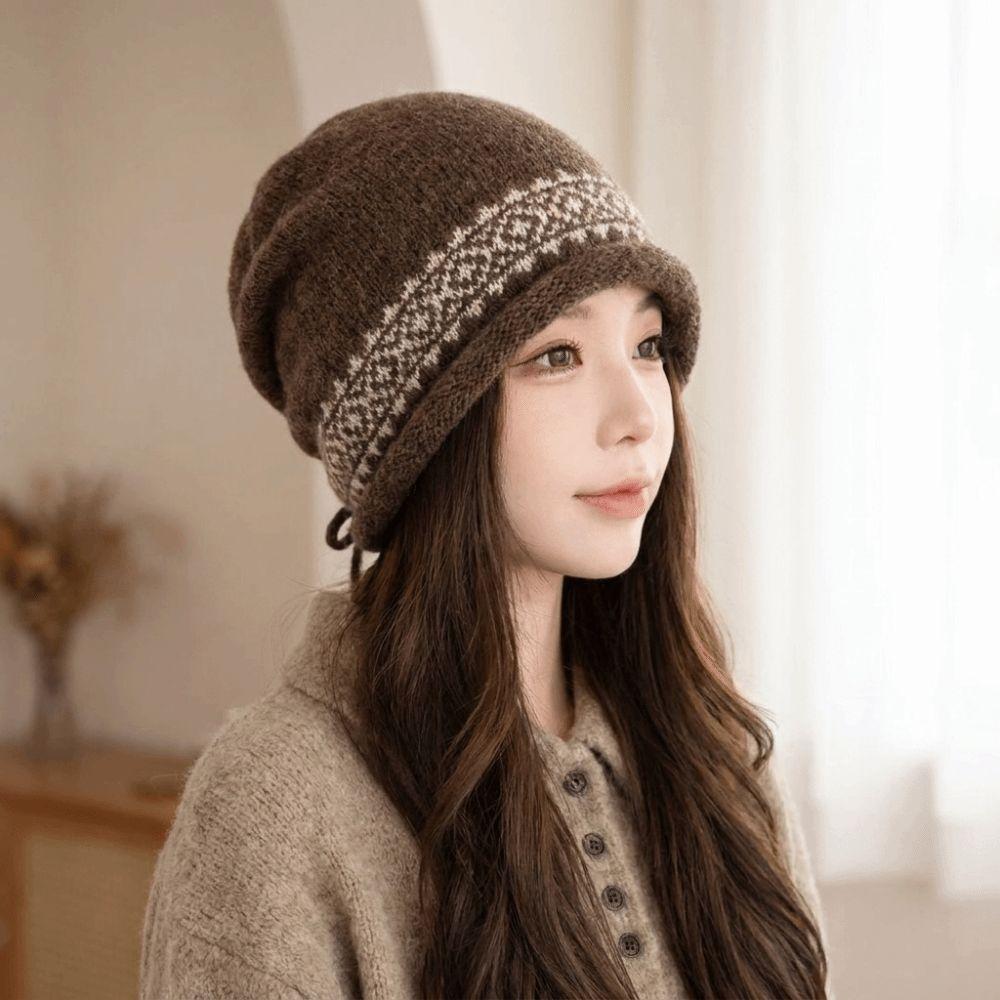 Vintage Women's Beanie Slouchy Fit Jacquard Knit Hat Durable Drawstring Knit Cap Daily Commute