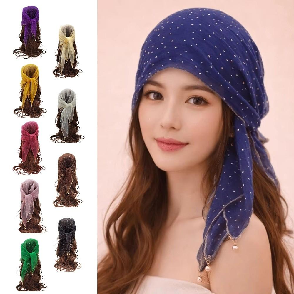 Fashion Pearl Tassel Diamond Hijab Rhinestone Square Pearl Tassel Scarf Thin Veil Full Sky Turban Hair Accessory