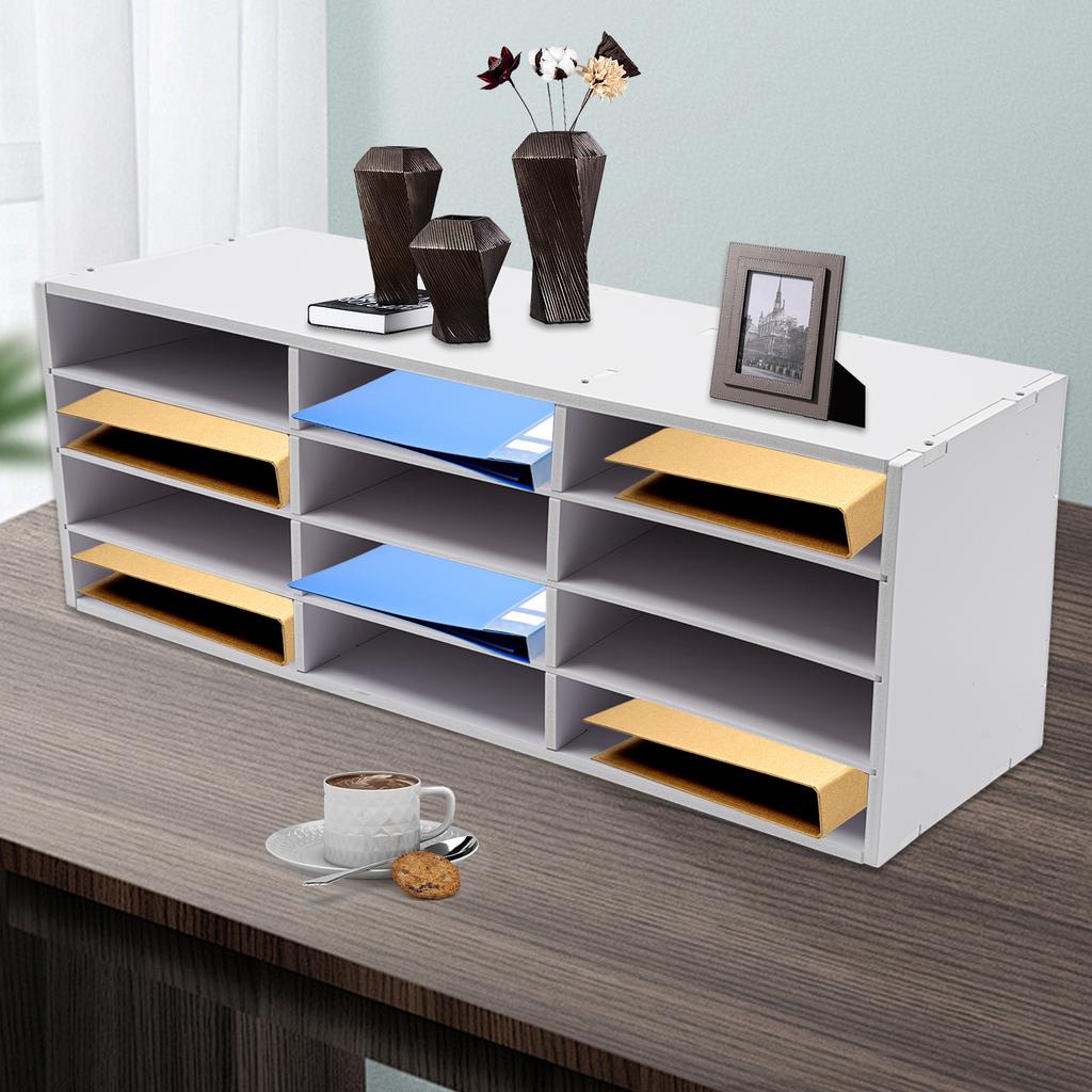 12-Slot White Mail Sorter Organizer W/ 4 Tiered Shelves,Modern Freestanding Desktop Paper Organizer for Office, Home & Classroom