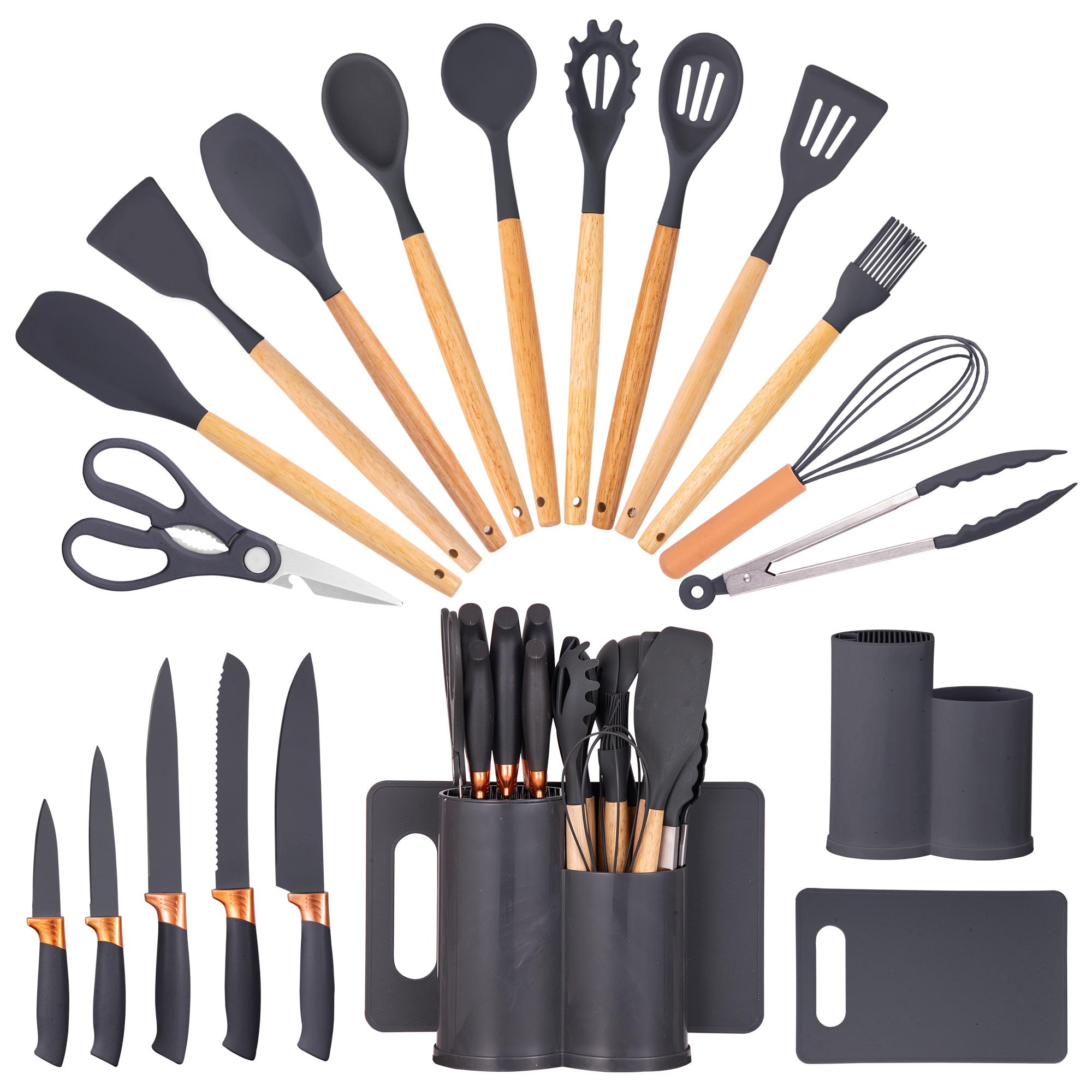

19PCS Kitchen Knife & Utensils Set with Holder and Cutting Board, Heat Resistant Nonstick Safe Cooking Tools, Space-Saving Countertop Organizer сірий колір деві