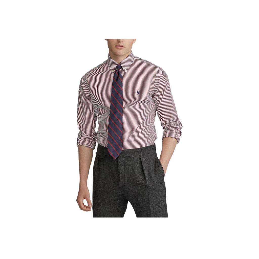 Polo Ralph Lauren Ss24 Pánská košile s dlouhým rukávem z popelínu s výšivkou pruhovaného loga poníka bordó 710767330-013