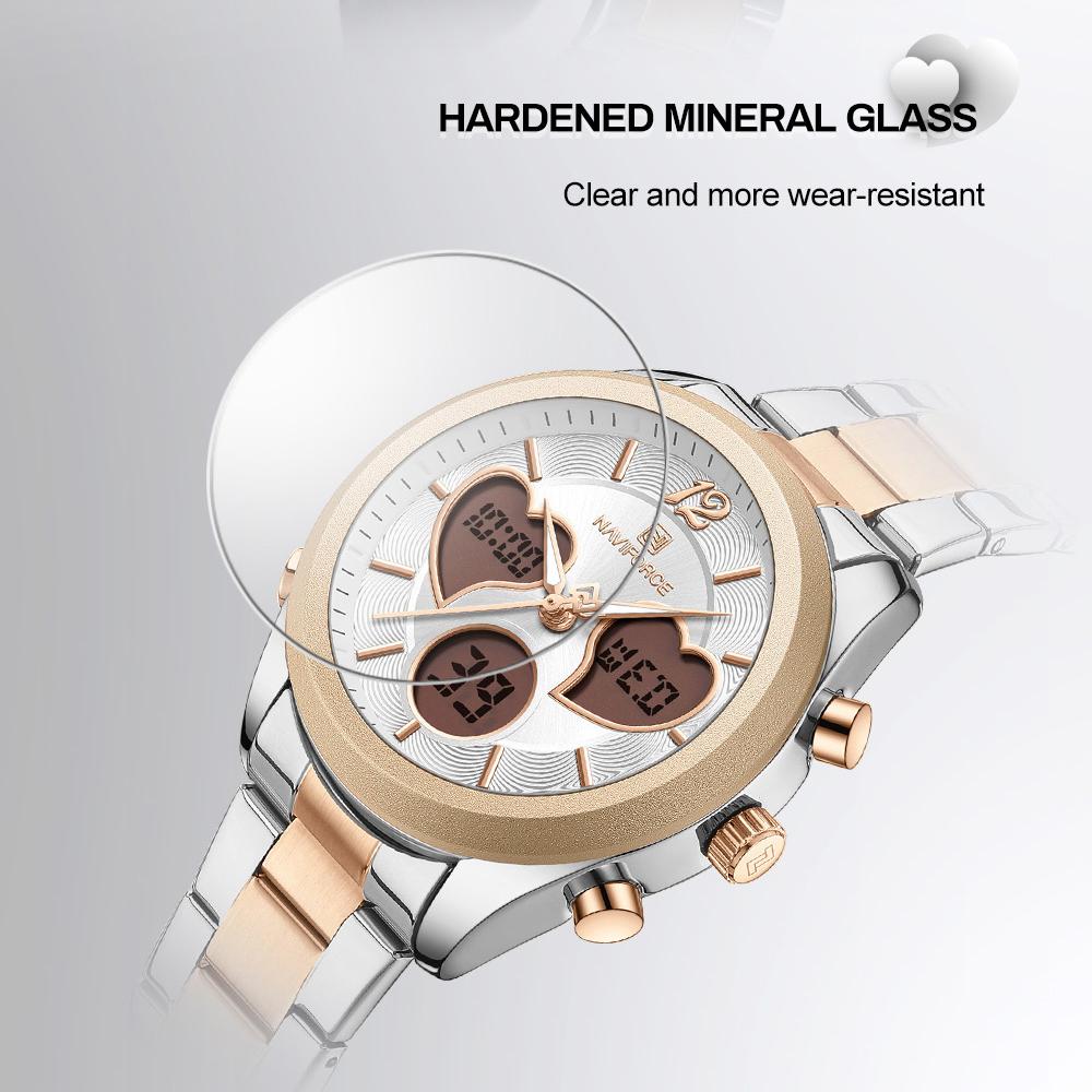 Naviforce Women Quartz LCD Digital Watch Waterproof Stainless Steel Strap NF5045S