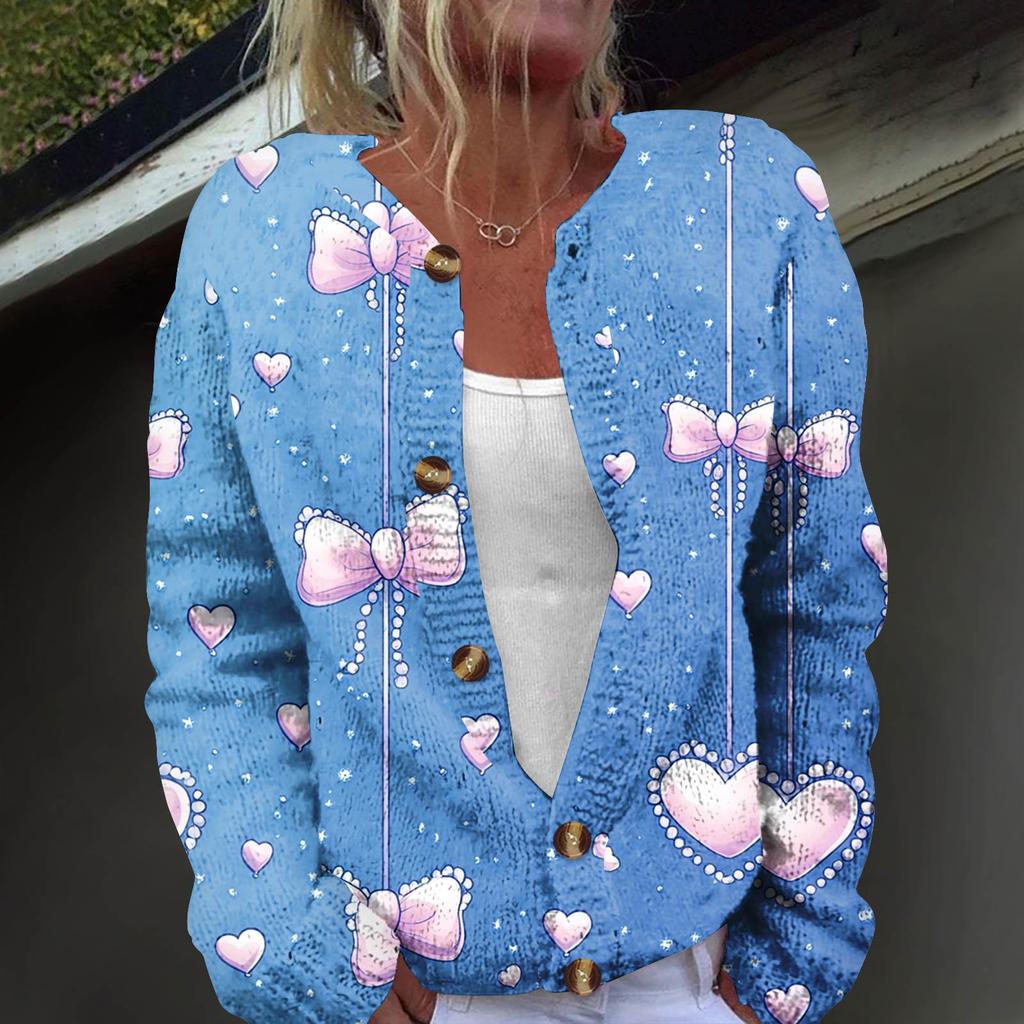 Women's Fashion Printed Long Sleeve Knitted Cardigan Button Down Jacket