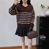 Corner buckle contrasting striped knitted sweater top autumn and winter new loose design sweater pullover woman