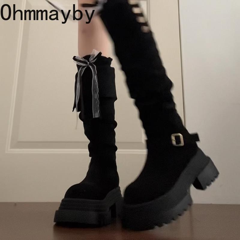 Platform Height Increase Woman Knight High Boots Punk Style Thick Heels Long Booties Autumn Winter Belt Buckle Ladies Shoes