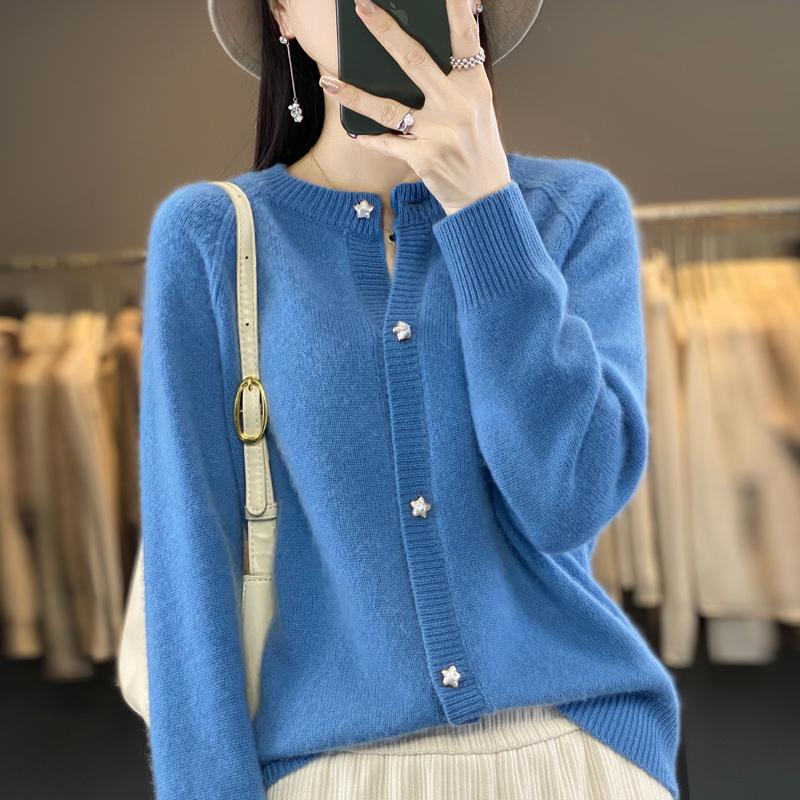 2023 Fall/Winter Women's Wool Cardigan: Stylish Round Neck, Loose Fit, Versatile Knitwear, Long Sleeve Sweater