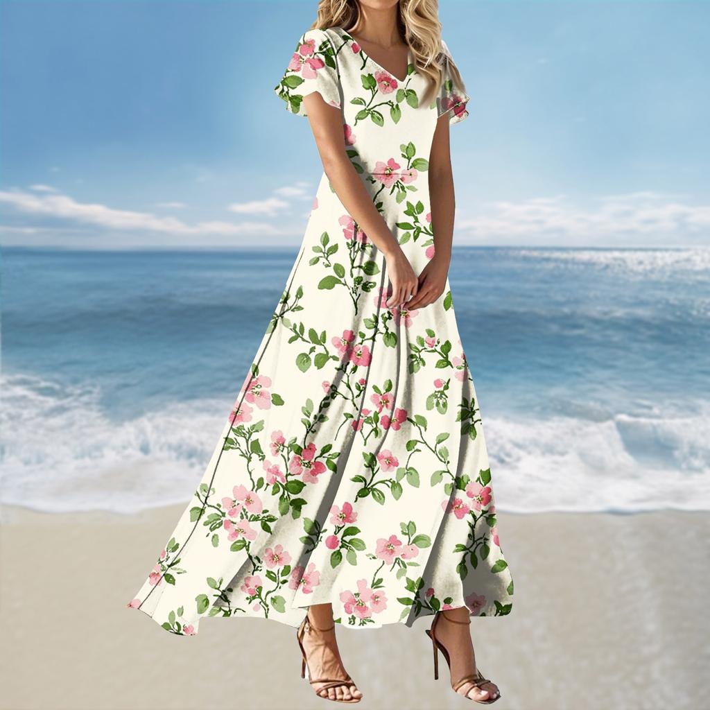 Women's Summer Casual V Neck Short Sleeve Maxi Dress with Floral Print Lightweight Relaxed Fit Flowy Design for Daily Wear
